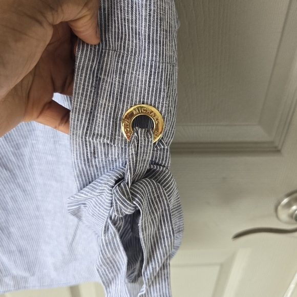 $110 Michael Kors Linen Blend Blouse Sz M White Blue Women Striped 3/4 Sleeves - Picture 7 of 13